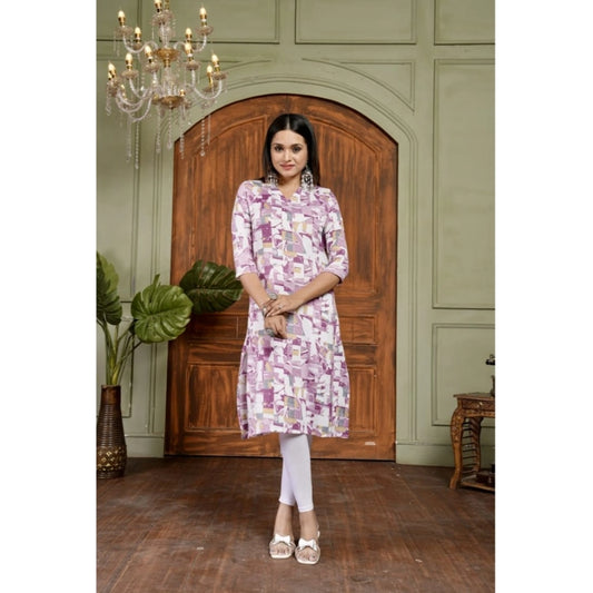 Generic Women's Cotton Blended Printed 3/4th Sleeve Collar Neck Kurti (Purple)